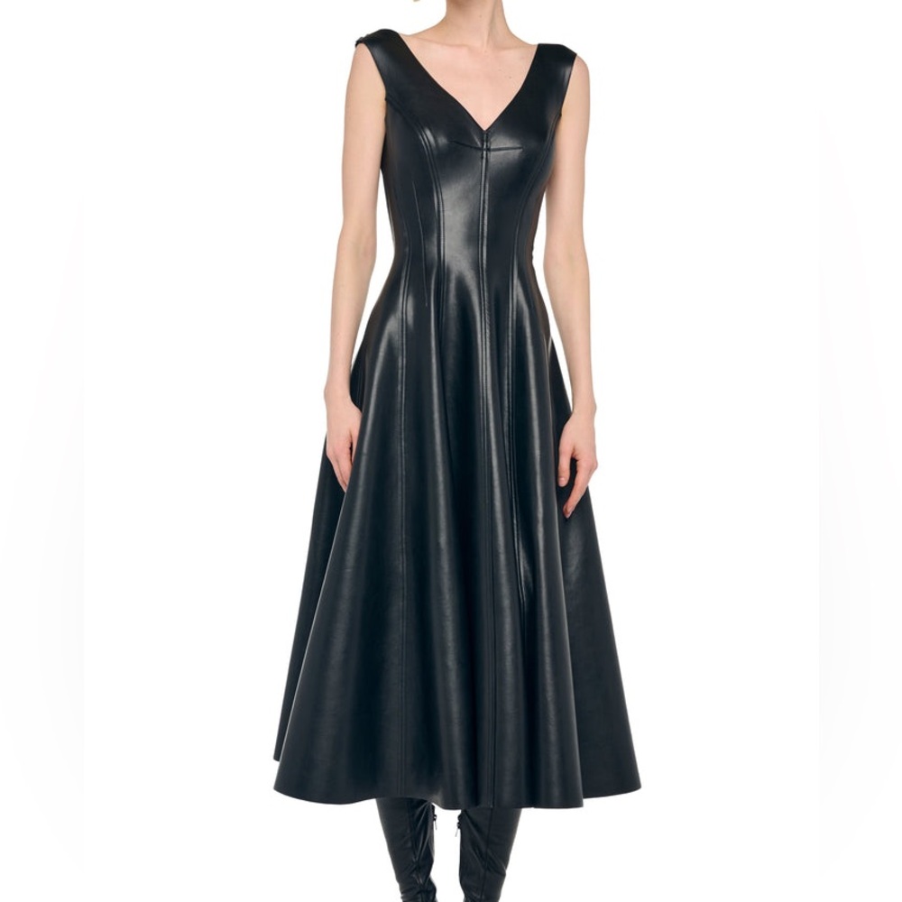 Norma Kamali Grace Midi Fit Flare Dress Black Vegan Leather Medium Designer